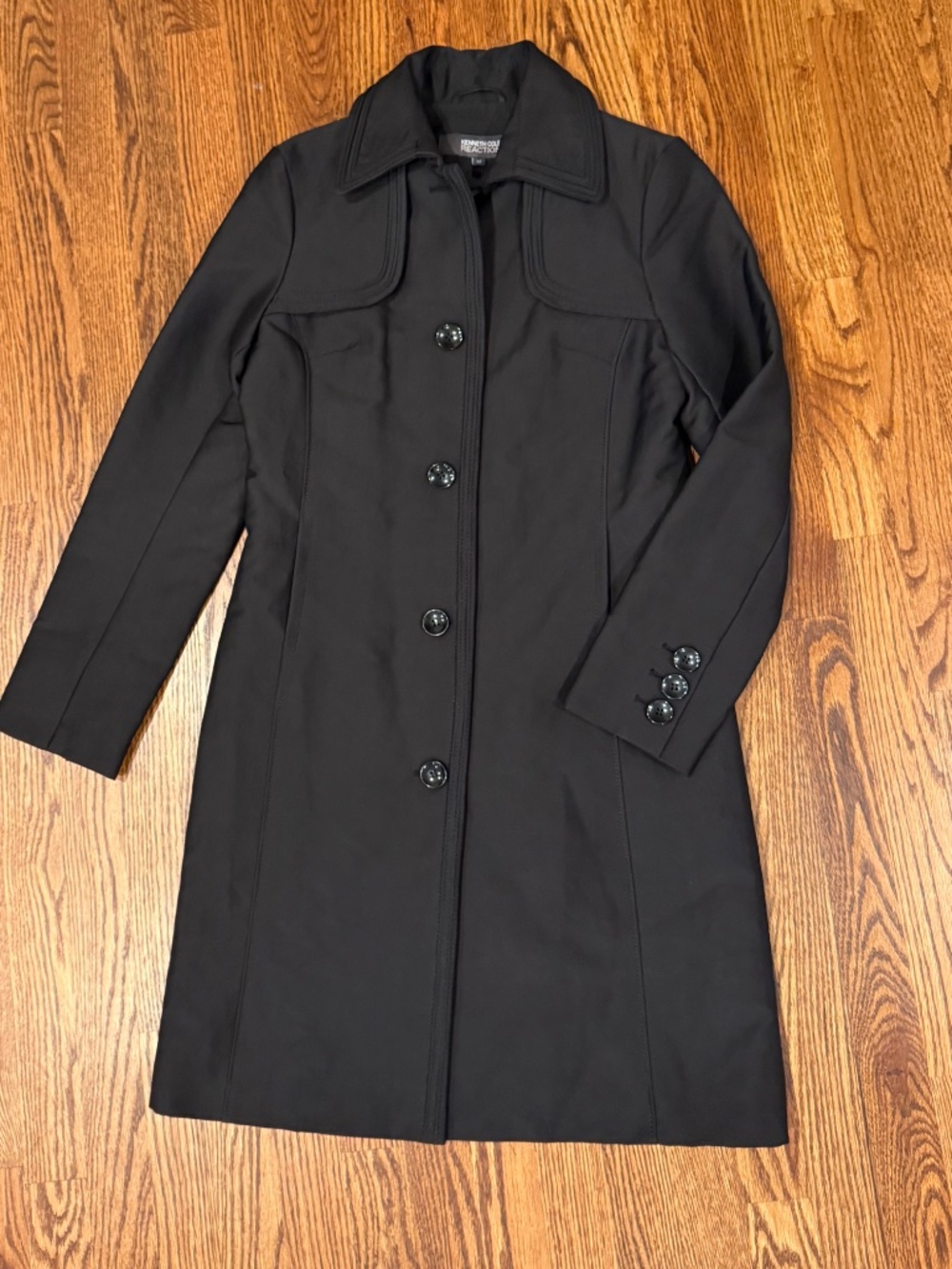 Kenneth Cole Reaction Long Black Walking Coat Topstitched Collar Women's M